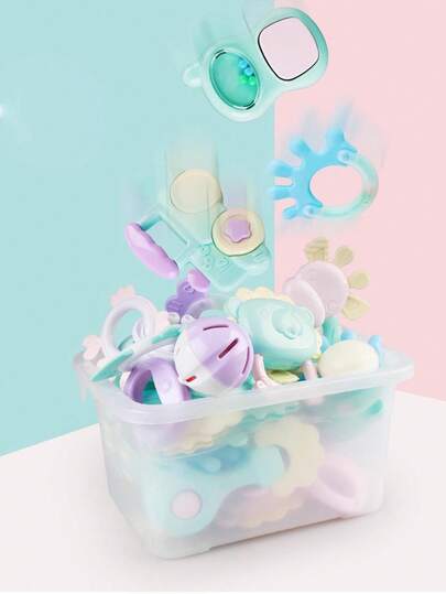 14pcs Baby Rattle Soothing Toy Set, Including Grasp, Rattle, Teether Sensory Toys, Easy To Grip, Suitable For Newborns, Promote Early Sensory Development, With Storage Box, Ideal For Newborn Baby Boys Girls Birthday/Holiday Gifts (Packaging Box, Pattern, Accessories, Colors Are Random)