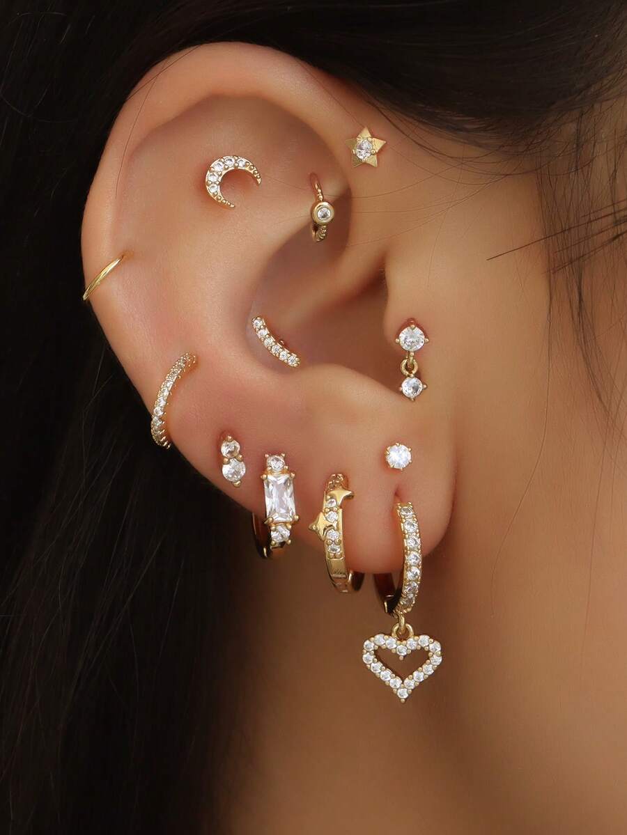 12 件复古迷你锆石镶嵌星星和月亮装饰耳环套装，心形吊坠多层穿孔耳环，铜首饰适合女性派对配饰 - 金黃色 - 查看 1