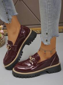 女士厚底坡跟一脚蹬鞋，优雅学院风纯金属装饰，女士乐福鞋 - 酒紅色 - 查看 1