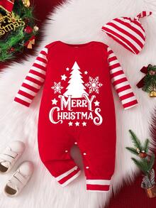 Infant Boys/Girls Letter Print Cute Christmas Long Sleeve Bodysuit With Hood Set, Spring/Autumn