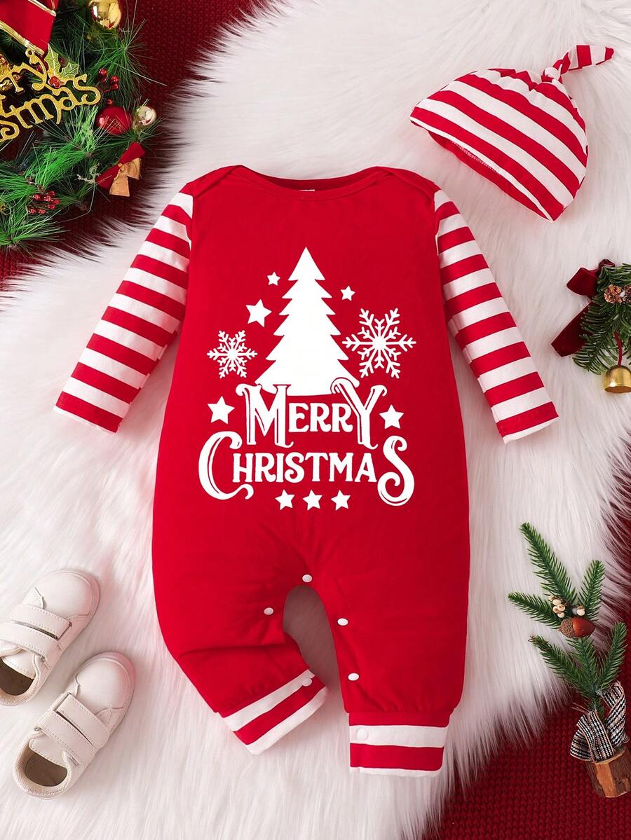 Infant Boys/Girls Letter Print Cute Christmas Long Sleeve Bodysuit With Hood Set, Spring/Autumn