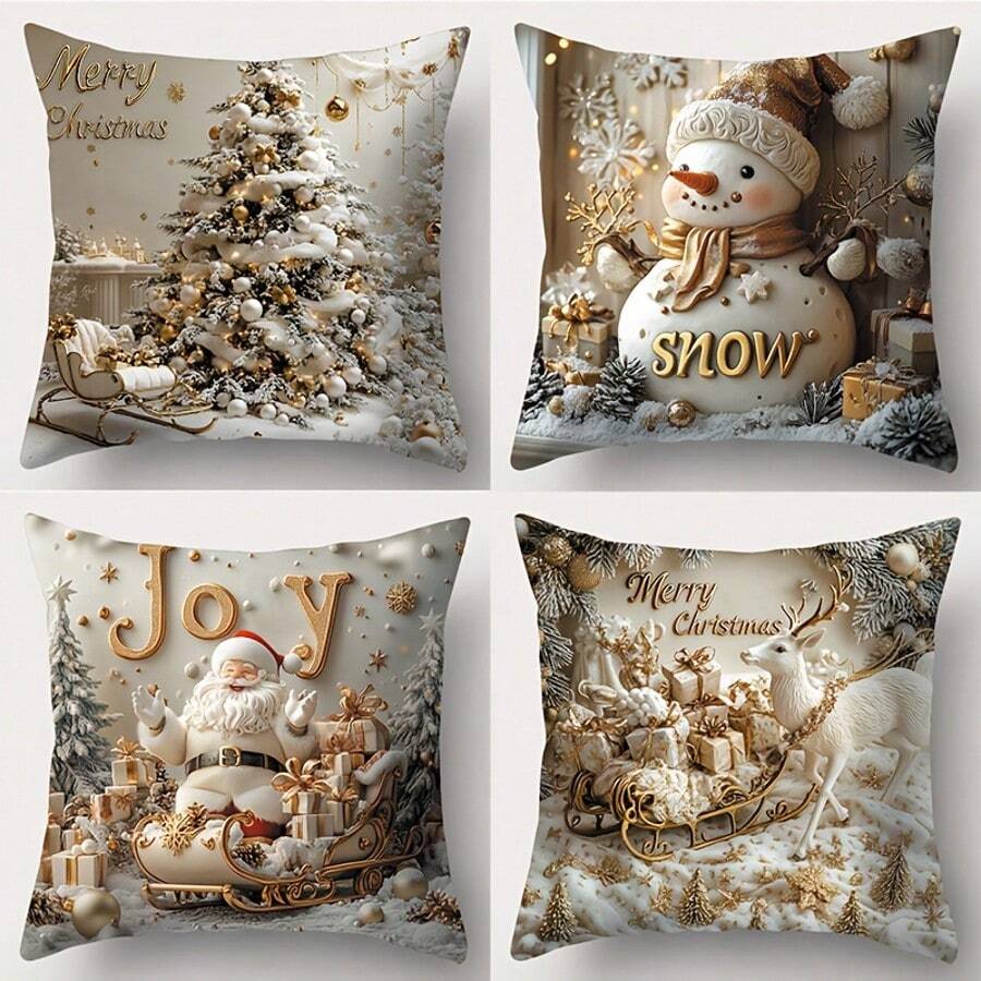 4pcs Christmas Pillow Covers, Featuring Santa Claus, Christmas Tree, Snowman, Deer And Sleigh Patterns, 2D Flat Printing (Not 3D), Contemporary Art, Washable Polyester Fabric Single-Sided Printing, Suitable For Room, Living Room, Sofa Decoration, Zipper Closure, Pillow Insert Not Included, 17.72 X 17.72 Inches - Gold - View 1