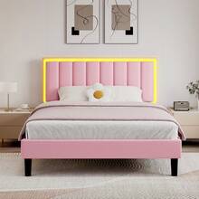 Upholstered Bed Frame With LED Lights, Modern PU Leather Platform Bed With Headboard, White/ Black/ Pink,Twin/ Full/ Queen/ King * Bed Frame Queen Queen Bed Frame Bed Frame Full Full Size Bed Frame Bed Frame King King Size Bed Frame Bed Frame Twin Twin Bed Frame (USB LED Strip) - 粉色 - 查看 12