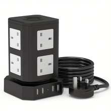 Tower Extension Lead, 2 Metres, (3250W 13A) Extension Tower With Night Light, Featuring 8 AC Sockets And 4 USB Ports. Surge-Protected Extension Lead With One Independent Switch At The Top. Suitable For Offices And Homes. Available In Grey-White Or Black-White.