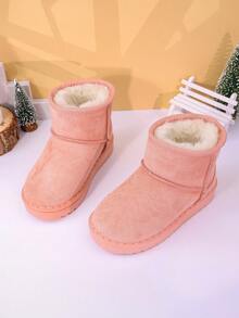 1 Pair Of Children's Snow Boots With Brown, Black, Pink Plush Lining And Suede Lining For Warmth . Short Top, Flat Heel, Simple, Casual, Comfortable And Fashionable. Children's Snow Boots For Winter Holiday Travel