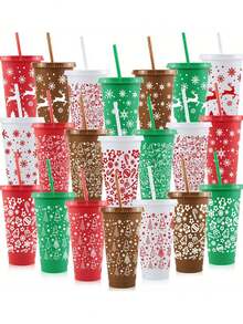5-1 Pc 24 Oz Christmas Themed Straw Cup, Christmas Themed Water Bottle, Large Capacity Plastic Water Cup, Durable, Reusable With Straw And Lid, Festive Design, Suitable For Hot And Cold Drinks, Outdoor Activities, Parties And Holiday Decorations, Christmas Gifts, Suitable For Milk Tea, Coffee, Purified Water, Outdoor, Indoor, Christmas, New Year,Christmas Gifts, Cups