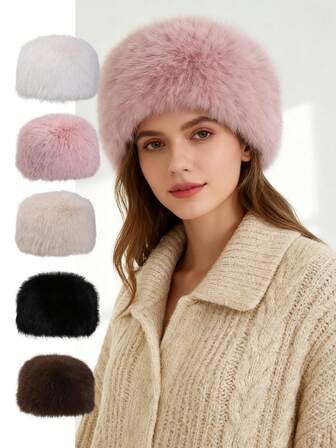 1Pc Women's Solid Color Plush Warm Earmuffs Thick Brim Hat, Winter Korean Style, Suitable For Women's Hair Accessories, Imitation Fox Fur Hat, Resist The Cold And Keep Warm,Women's Solid Color Fluffy Patchwork Thick Warm Fluffy Bucket Hat