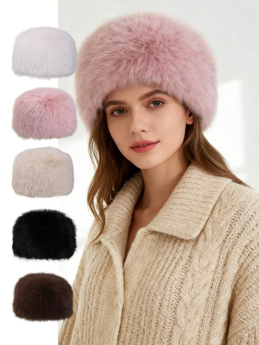 1Pc Women's Solid Color Plush Warm Earmuffs Thick Brim Hat, Winter Korean Style, Suitable For Women's Hair Accessories, Imitation Fox Fur Hat, Resist The Cold And Keep Warm,Women's Solid Color Fluffy Patchwork Thick Warm Fluffy Bucket Hat