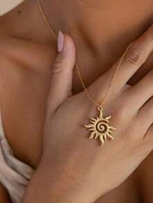 1pc Simple 18k Gold Plating Stainless Steel Sunburst Sun Ray Delicate Pendant Women Necklace Sprial Pendant Jewelry Collarbone Chain For Women Summer Wear