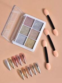 Una scatola di 6 colori con 3 bastoncini di cotone inclusi. La polvere specchio per arte di unghie è fine e non vola