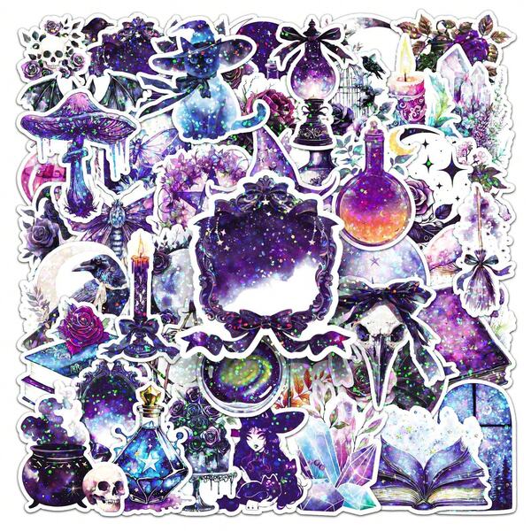 50 piezas/paquete Pegatinas de bruja holográfica, estilo gótico genial INS, pegatinas reutilizables adecuadas para decoraciones festivas como Halloween, Navidad, Pascua, DIY en botellas de agua, portátiles, patinetas, conjunto de grafiti estético enérgico para diarios, álbumes de recortes, suministros para fiestas, genial para invierno, Año Nuevo