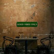 2D Flat, 1 Piece Vintage Aluminum 'Only Good Vibes' Sign - 16x4inch Printed Green Metal Wall Art With White Text, Suitable For Home, Bar Or Restaurant Decoration, Indoor And Outdoor Use, Indoor Wall Decoration |   Vintage Metal Sign |   Pre-Drilled Design, Metal Wall Art Decoration