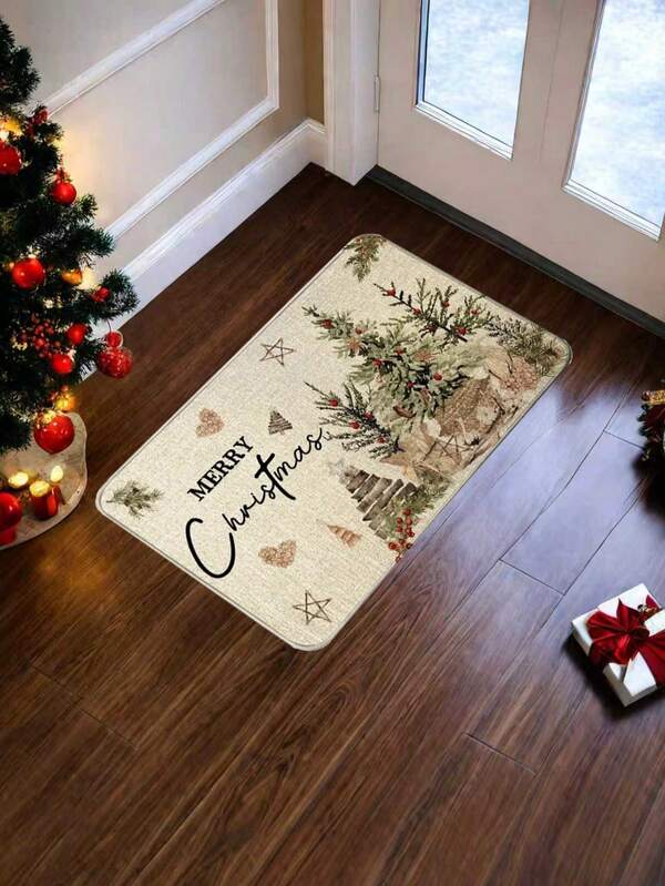 1 Pc Christmas Doormat With Pine Needles, Berries, And Holly - Non Slip, Machine Washable Polyester Mat, Perfect For Indoor/Outdoor Holiday Decoration, Christmas Mat Kitchen Rug