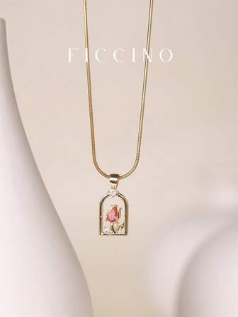  FICCINO 主题窗口郁金香吊坠镀金方晶锆石钛钢镀金蛇链项链，百搭颈链，节日和周年纪念礼物，附赠盒子