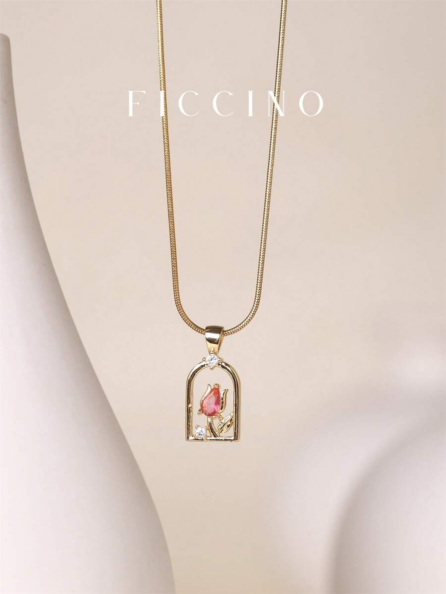 FICCINO 主题窗口郁金香吊坠镀金方晶锆石钛钢镀金蛇链项链，百搭颈链，节日和周年纪念礼物，附赠盒子 - 152n - 查看 1