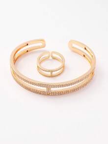 طقم سوار وخاتم نسائي من طراز كوري جديد، مطلي بذهب عيار 14 قيراط، من النحاس المرصع بالحلقات المزدوجة الصغيرة، بتصميم بسيط