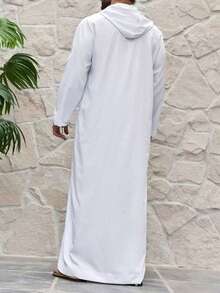 Muslim Men's Solid Color Casual Zip-Up Half-Placket Long Sleeve Hooded Traditional Arabic Robe - White - View 5