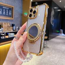 四合一防震闪亮手机壳，配有珍珠挂绳、化妆镜和磁吸支架，兼容 16、 16 Pro、 16 Pro Max、Galaxy S25、S25+、S25 Ultra 等机型。 - 金色 - 查看 3