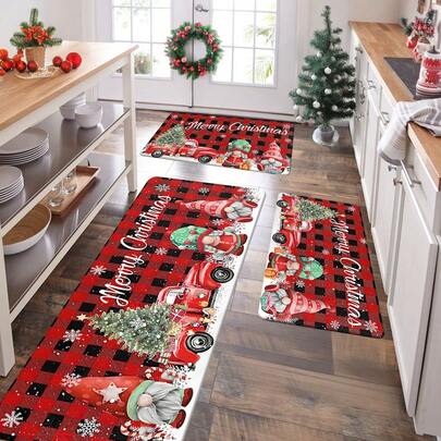 1/2/3 件装，厚度 0.47 英寸/1.2 厘米，圣诞主题厨房地垫，红色水牛格纹和圣诞卡车小矮人图案，圣诞厨房地毯 - 圣诞厨房装饰，柔软、吸水、防滑、可水洗，非常适合厨房、家庭办公室、洗衣房、浴室 - 永恒的圣诞装饰
