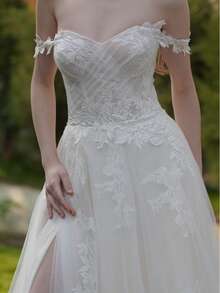 YOUKEFEIER 露肩心形领口性感高开叉蕾丝刺绣长款婚纱 - 米色 - 查看 5