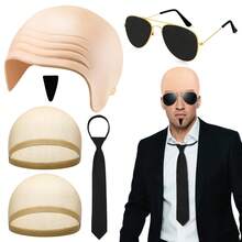 A Complete COSplay Bald Scalp Set, Including Fake Bald Head, Realistic Scalp Wig, And Costume Accessories For Makeup Parties And Performances. Perfect For Cosplay Props, This Set Includes Bald Scalp, Beard, Glasses, Hair Nets, And Other Accessories. Ideal For Christmas, Other Festivals, And Daily Costume Needs.