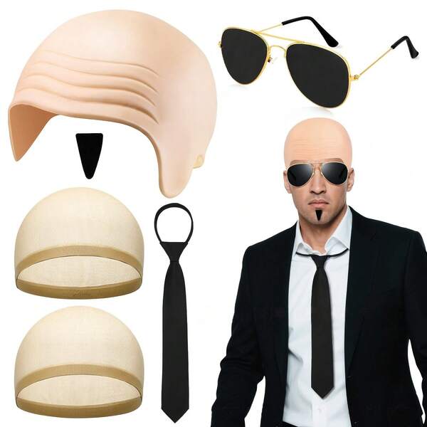 A Complete COSplay Bald Scalp Set, Including Fake Bald Head, Realistic Scalp Wig, And Costume Accessories For Makeup Parties And Performances. Perfect For Cosplay Props, This Set Includes Bald Scalp, Beard, Glasses, Hair Nets, And Other Accessories. Ideal For Christmas, Other Festivals, And Daily Costume Needs.