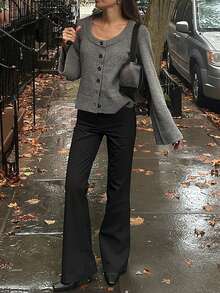 女装秋冬新款法式浪漫优雅淑女休闲百搭通勤针织开衫上衣 - 灰色 - 查看 8