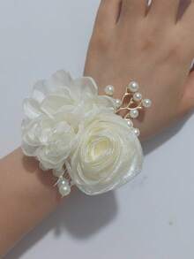 1pc Women's Wrist Flower, Olive Green Camellia Paired With Beige Rose Decor, Elegant Floral Bracelet With Beads For Bride, Bridesmaid, Wedding, Party, Daily Wear Valentine's Day Accessories - Beige - View 2