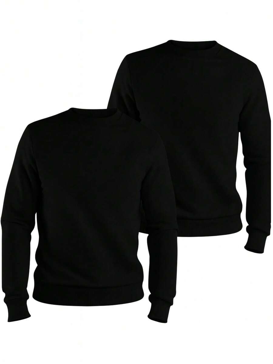 Kit 2 Men's Plain Crew Neck Sweatshirt Unisex Cotton Cold Weather Top - 黑色/黑色 - 查看 1