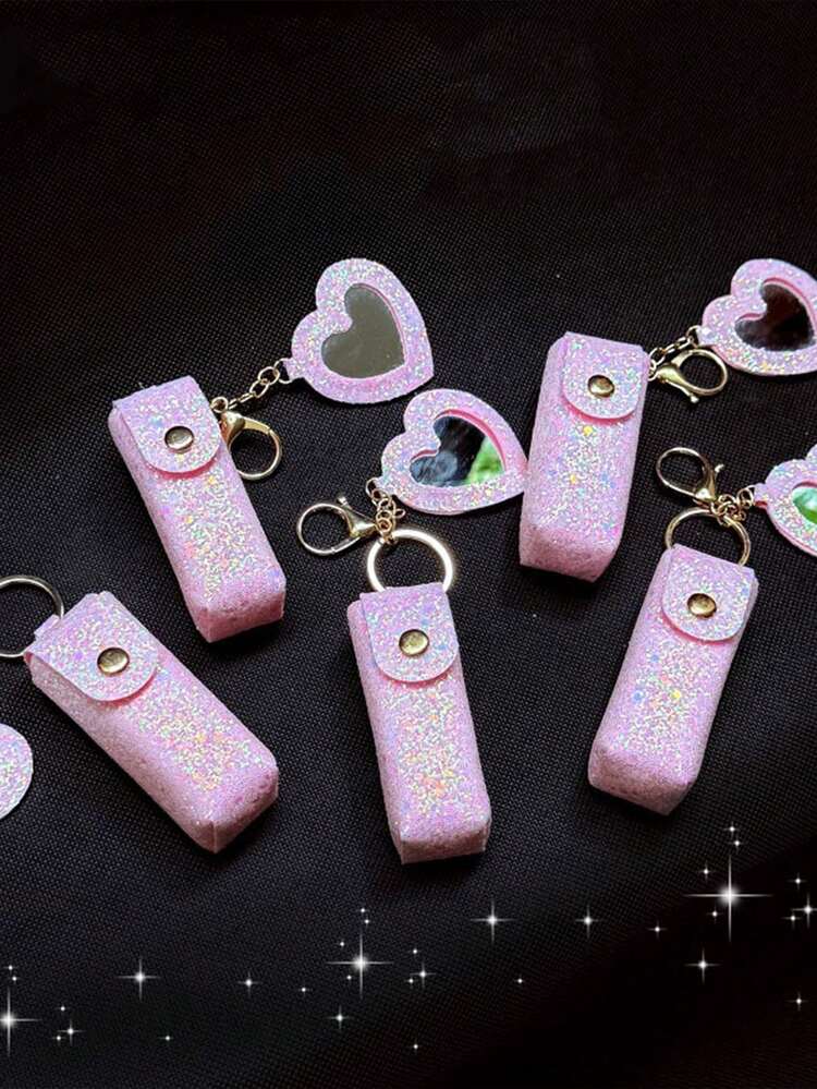 1pc Solid Color PU Leather Lipstick Holder (With Heart-Shaped Mirror) - Women's Makeup Keychain. Back To School Lipstick Holder With Heart-Shaped Mirror, Multiple Colors Available, Women's Makeup Bag, Heart-Shaped Bag Charm Fashion Keychain Pendant, Wallet, Handbag, Bag Accessory. Suitable For Parties, Weddings And Dances. Make Up Bag - White - View 8