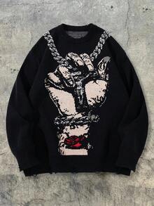 Men's Casual Loose Solid Color Pullover Sweater With Cross And Rose Graphic, Vintage American Gothic Style, Long Sleeve Knitted Top For Autumn And Winter - Black - View 2