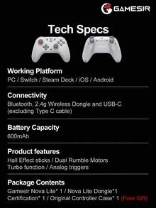 GameSir PC Game Controller, Compatible With 2 Controllers, Nova Lite Joystick, Compatible With Switch, Steam, Deck, Android, IOS Devices And Windows, Hall Effect Joystick, Comes With Original Controller Protective Case, High Cost Performance, Analog Triggers, Dual Rumble Motors, Supports Rapid Fire, Gaming Console Accessory, 600mAh Lithium Battery, Supports Wireless (2.4G) Or Wired Connection, Gray - Grey - View 12