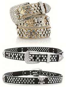 水钻腰带，骷髅设计，男女通用，高品质皮带 - 彩色 - 查看 18