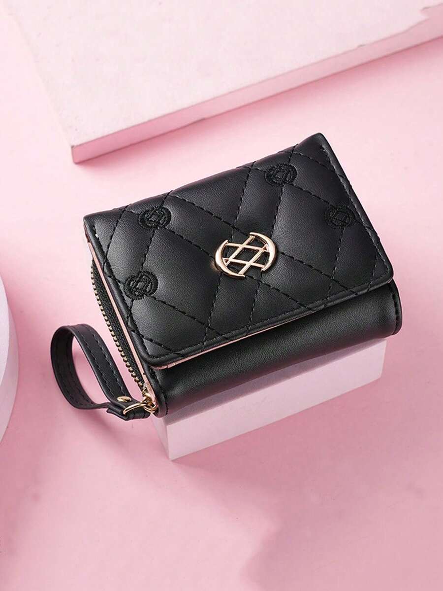 女士短款拉链三折刺绣时尚新款多卡位手拿包钱包适合日常使用返校礼物毕业礼物生日礼物女士礼物钱包迷你钱包钱包小钱包可爱钱包腕带钱包 - 黑色 - 查看 1