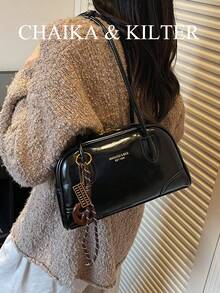 1 Peça Bolsa de Ombro em Tecido PU Brilhante de Cor Sólida CHAIKA & KILTER, Bolsa de Boliche de Grande Capacidade e Moda Feminina, Design de Alça Dupla com Fechamento de Zíper, Adequada para Uso Diário e Externo (Vendida com Pingente)