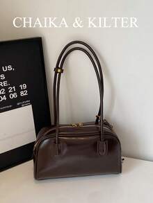 CHAIKA & KILTER 1 件纯色亮面 PU 面料单肩包，女士时尚大容量保龄球包，双手柄设计带拉链开合，适合日常和户外使用（与吊坠一起出售） - 咖啡 - 查看 9