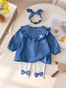 3pcs Baby Girls Spring/Autumn Long Sleeve Set, Stylish Denim Effect Princess Dress, Pants And Headband, Infant Clothing