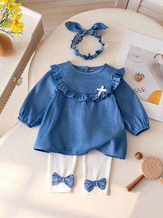 3pcs Baby Girls Spring/Autumn Long Sleeve Set, Stylish Denim Effect Princess Dress, Pants And Headband, Infant Clothing