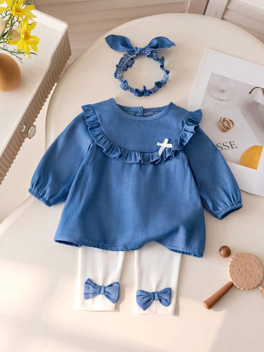 3pcs Baby Girls Spring/Autumn Long Sleeve Set, Stylish Denim Effect Princess Dress, Pants And Headband, Infant Clothing