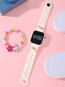 2 款女孩款独角兽蝴蝶美人鱼时尚百搭儿童手表。适合学生时尚学习用品。方形 LED 手表，价格实惠，适合返校季。手链式数字电子手表和串珠独角兽蝴蝶美人鱼手链。