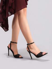 Giày sandal cao gót màu đen phối ren, kiểu dáng thanh lịch, gợi cảm, mũi nhọn, quai ngang mắt cá chân, hở mũi, thích hợp cho trang phục mùa xuân hè. - màu đen - Xem 10