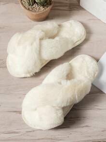 Warm Women Fashionable Cross Belt Plush Fluffy Slippers Home Soft Bottom Comfortable Room Floor Quiet Bedroom Footwear - Màu be - Xem 5