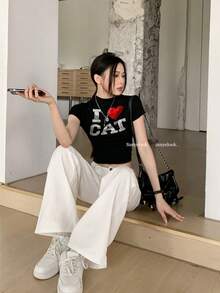 海军蓝低腰百搭女士牛仔裤，修身宽松直筒裤 - 白色 - 查看 5