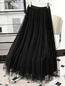 Elegant Casual Pleated Pearl Mesh Studded Women's A-Line Skirt, Versatile Fashion, Suitable For All Seasons, Valentine's Day