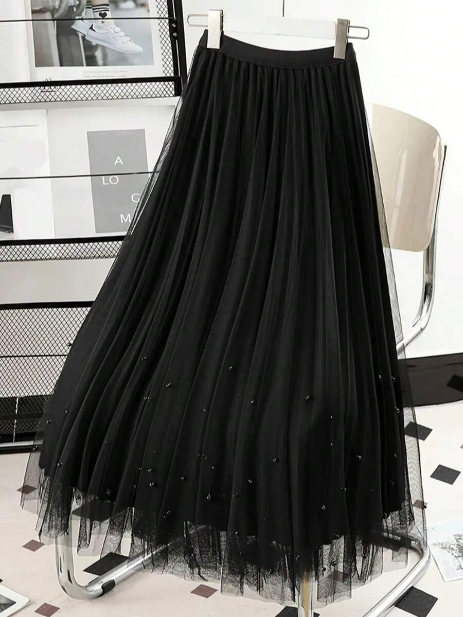 Elegant Casual Pleated Pearl Mesh Studded Women's A-Line Skirt, Versatile Fashion, Suitable For All Seasons, Valentine's Day