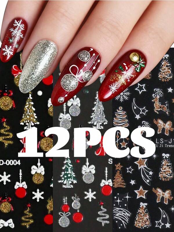 12PCS Glitter Christmas Nail Art Stickers - Gold And Silver Snowflakes, Bells And Elk Patterns, Sparkling Holiday Design Nail Art Decals, Odorless Nail Decoration Decals, Suitable For Nail Art DIY, Suitable For New Year Christmas Fireworks And Holiday Decorations