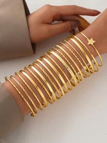 15 件/9 件/6 件/3 件/1 件复古时尚优雅金属多元素复古几何不对称仿珍珠五瓣花蝴蝶结圆形波浪结多层线交叉镂空宽开可调节手链和手镯套装，简约个性化夸张奢华高端珠宝适合女性情侣节日派对婚礼约会日常穿着多功能（根据图片随机款式发货） - 金黃色 - 查看 11