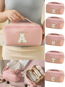 1 szt. Wielofunkcyjna kosmetyczka, wodoodporna kosmetyczka ze skóry PU, kosmetyczka łazienkowa, pojemny uchwyt na pędzle do makijażu, list DIY, przenośna torebka, kosmetyczka o dużej pojemności na kosmetyki do pielęgnacji skóry, pędzle, puder, szminkę, odpowiednia na plażę, do szkoły, do łazienki, na święta, walentynki, prezenty świąteczne dla mamy, rodziny, przyjaciół, niezbędna jesienią - Różowy - Zobacz 2