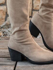 女士时尚仿麂皮鹿皮系带过膝靴，尖头粗跟休闲户外高筒靴 - 米色 - 查看 6