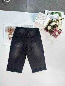 Women's Washed Pockets Stretchy Slim Fit Denim Cycling Shorts - Dark Grey - View 7